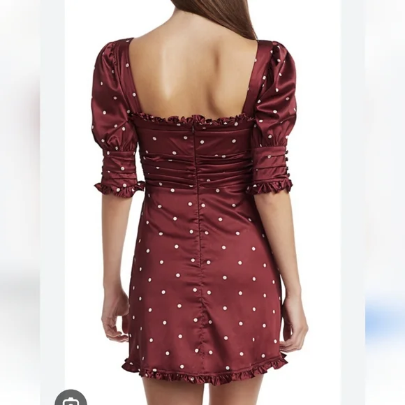 For Love And Lemons Davies Burgundy Polka Dot Swing Satin Dress - Picture 2 of 8